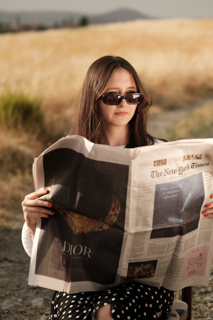 A young woman with sunglasses reads the newspaper outdoors on a sunny day.